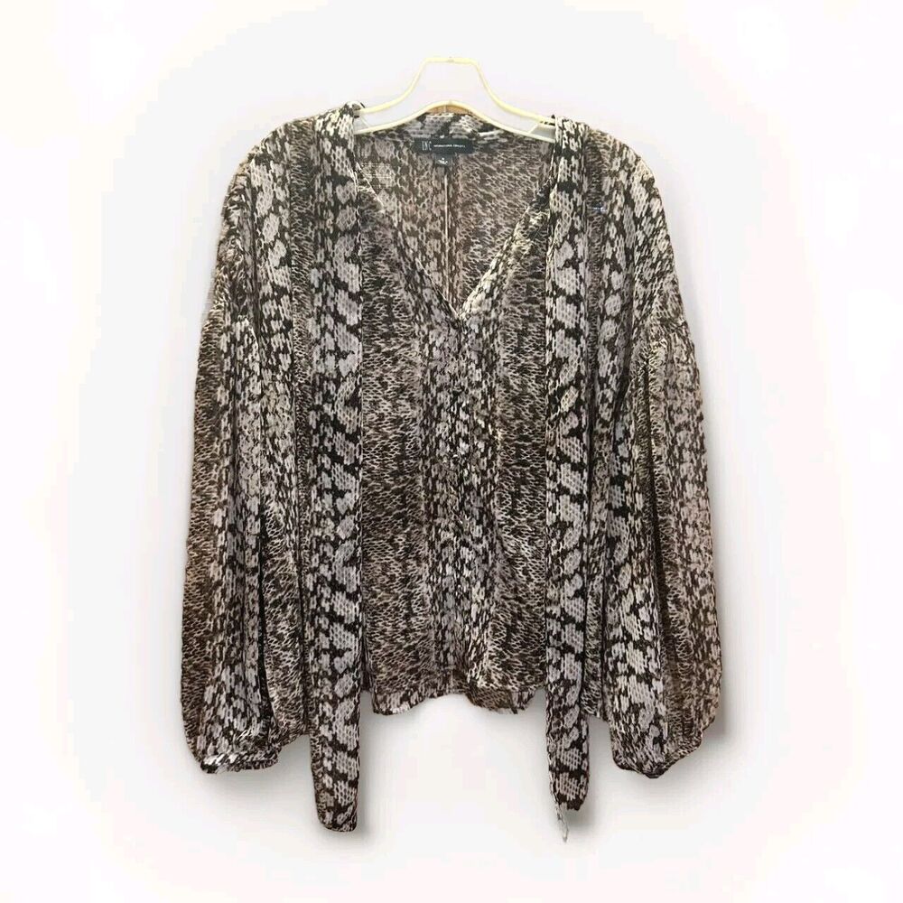 INC International Concepts Sheer Snake Print Blouse Scarf Tie Peasant Sleeves M